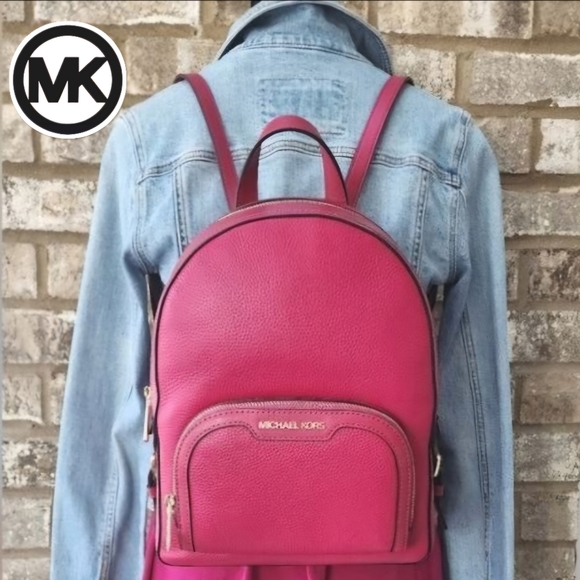 Michael Kors JACEE Carmine Pink LEATHER Backpack & Card Case BUNDLE NWT! - Picture 1 of 15